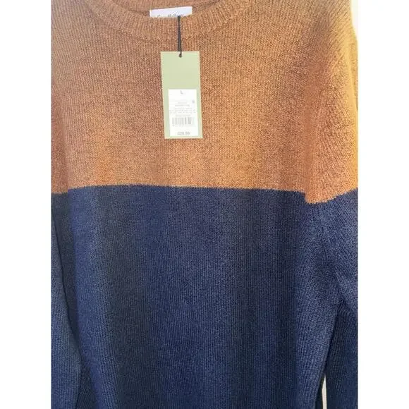 Goodfellow Sweater Mens L Navy/Orange Colorblock Knit Crew Neck Pullover NEW NWT - Picture 2 of 3
